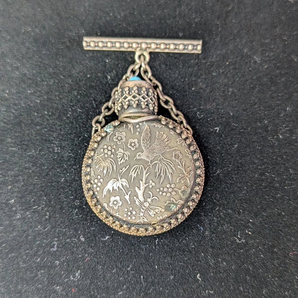 Vintage Victorian Silver Perfume scent Bottle Brooch metal Filigree Turquoise - Picture 2 of 8
